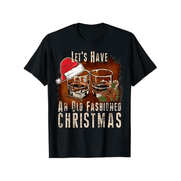 1pc Old Fashioned Christmas T-Shirt - 100% Cotton, Festive Print, Round Neck, Stretch Fit, Unisex Top for Casual, Sports, Beach, Party, Holiday - S-XXXL, Black