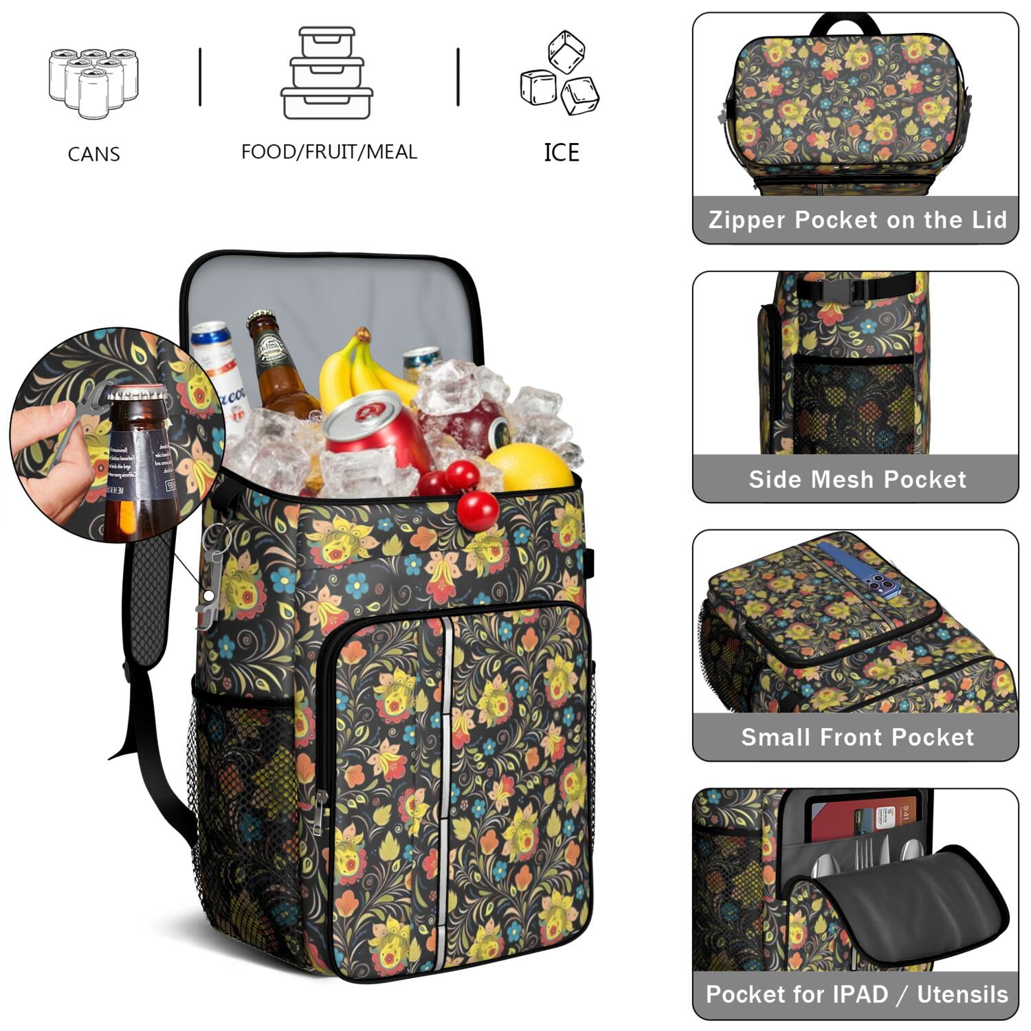 Travel Cooler Bag - Pioneer Flower Floral Print Pattern Camping Beer Cooler Backpack with Bottle Opener- Waterproof Insulated Picnic Backpacks - Cooler Bag for Beach