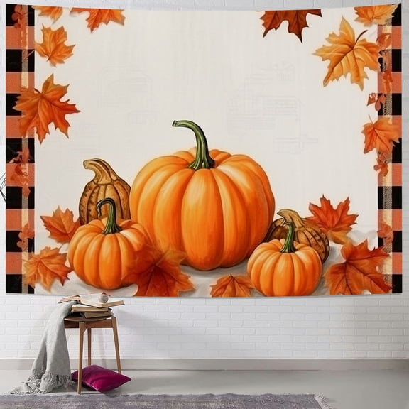 Pratyus Pumpkin Leaves Checkered Tablecloth Halloween Tapestry Wall Hanging Short Plush 40x30inch