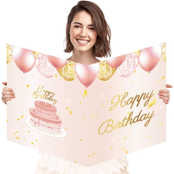 Jumbo Birthday Card with Envelope, 22 x 14 Inch Pink Gaint Greeting Card for Women, Extra Large Happy Birthday Guest Book, Oversize Birthday Party Signs Decorations Supplies for Girls Mother Daughter