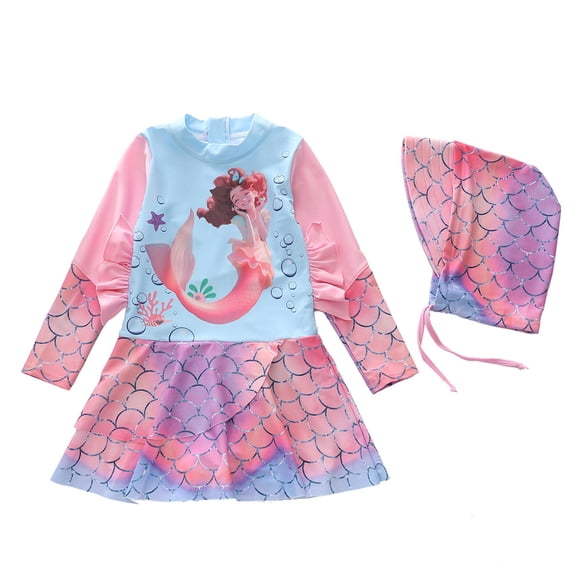 Laipiong Girls' Swimsuit 2026 Stylish Funny Cute Print Dress Style Sun Bathing Suits Long Sleeved Rash Guard Comfy Beach Swimwear