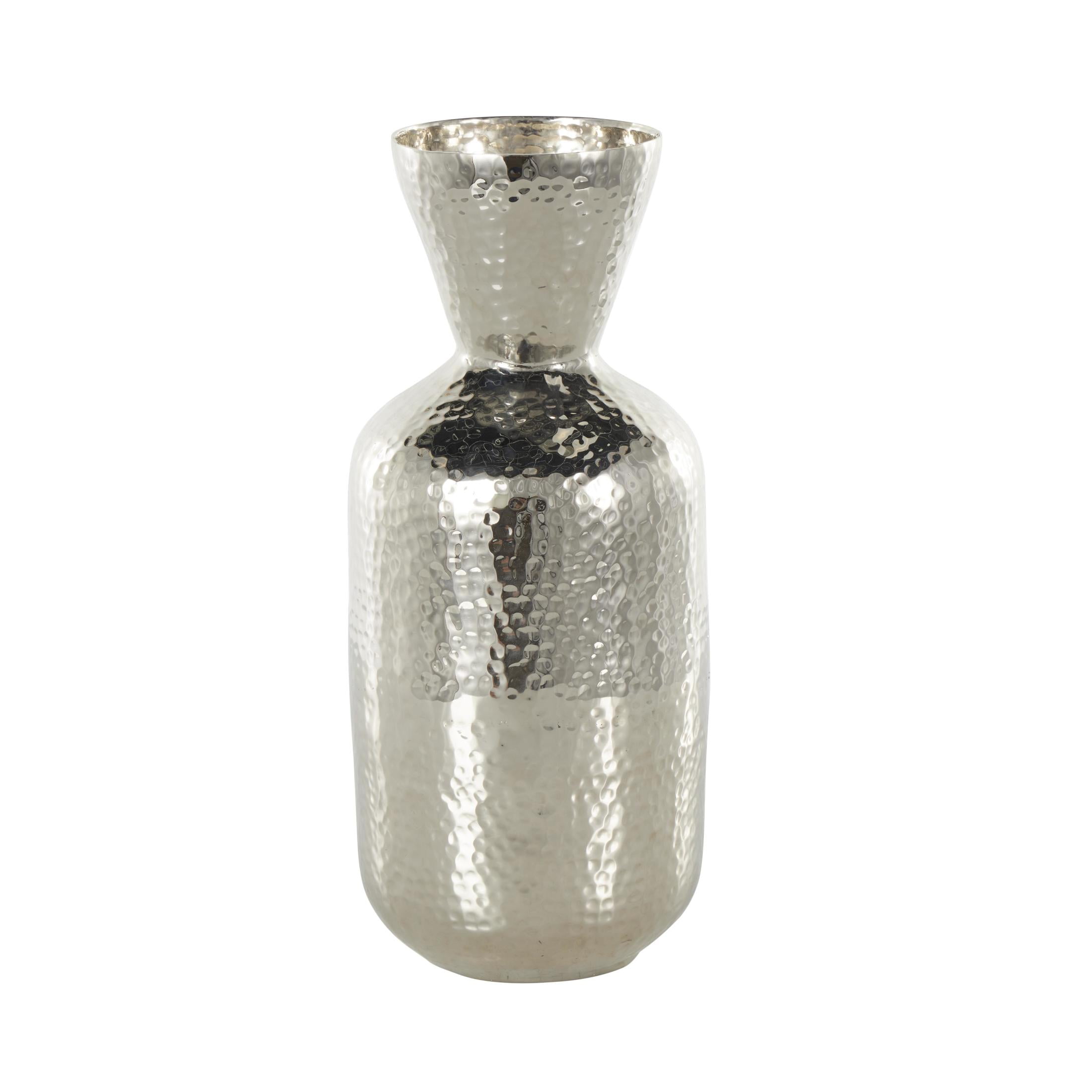DecMode 14" Hammered Silver Aluminum Metal Vase with Cone Shaped Opening