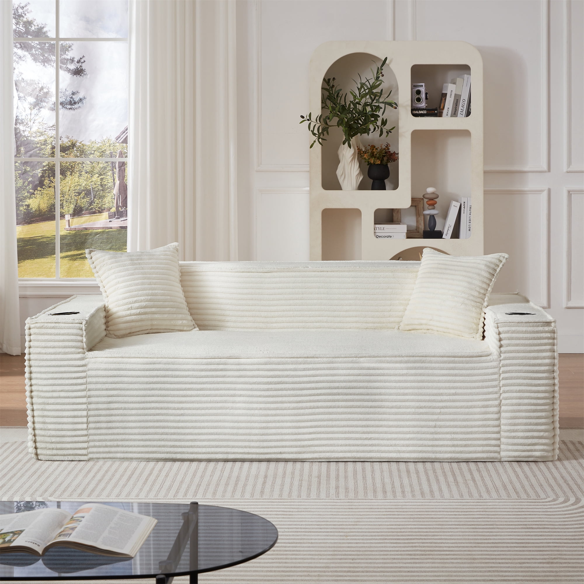 Aukfa 3 Piece Sofa Set - 81" 3 Seat Boneless Couch with 2 Cup Holders&Side Pockets for Living Room, White
