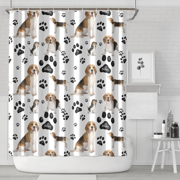 Beagle Dog and Footprints Shower Curtain 84"x72" ,Bathroom Decorative Shower Curtains Set with 12 Hooks,Modern Waterproof Washable Shower Curtain