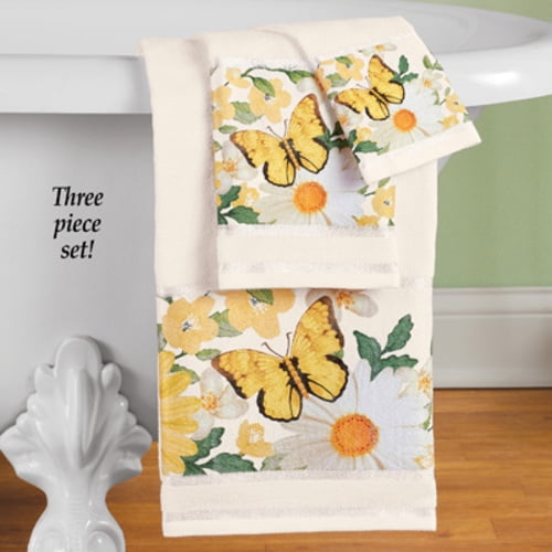 Daisy and Butterfly Cotton Bathroom Towels Set of 3