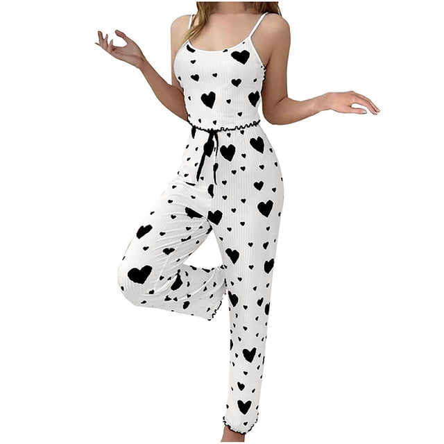 Rbaofujie Pyjama pour Filles Mode Femmes Col Rond Imprimé Motif Ondulé Sans Manches Taille Élastique à Lacets Pantalon Imprimé Ensemble de Pyjama Peignoir