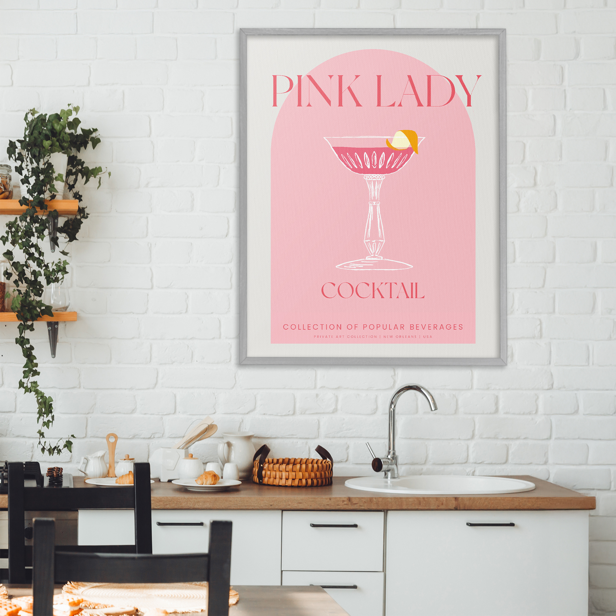Stylish Retro Pink Lady Gray Framed Giclee Art, design by Lil' Rue