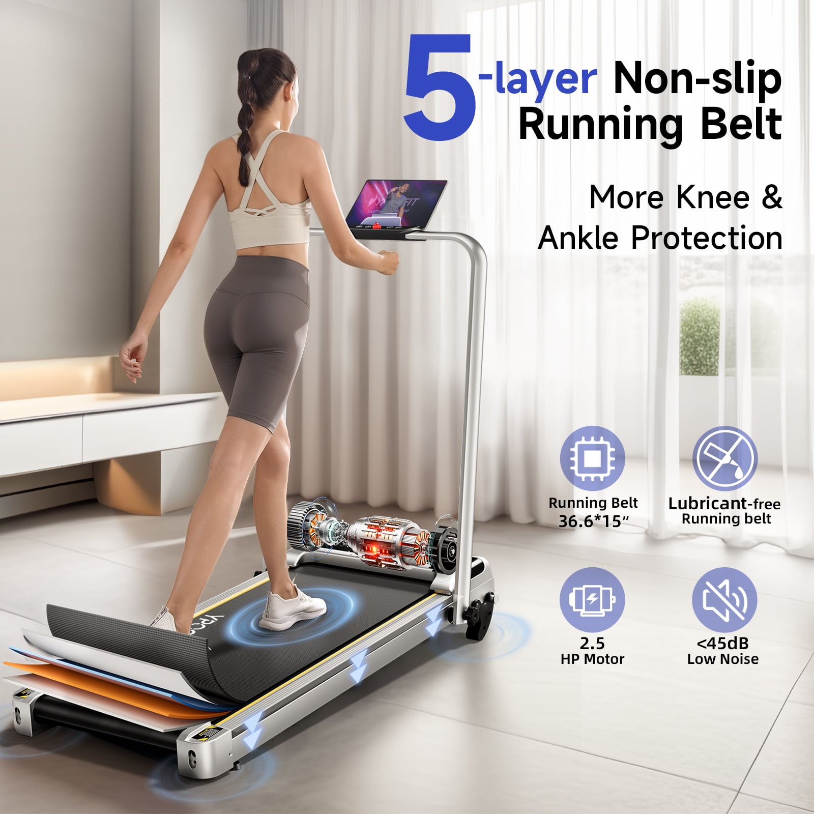 YPOO Folding Walking Pad Treadmill with Incline and Handle, 3-Window Display, Dual Use Home/Office Fitness Equipment, 300 lb Capacity, Silver