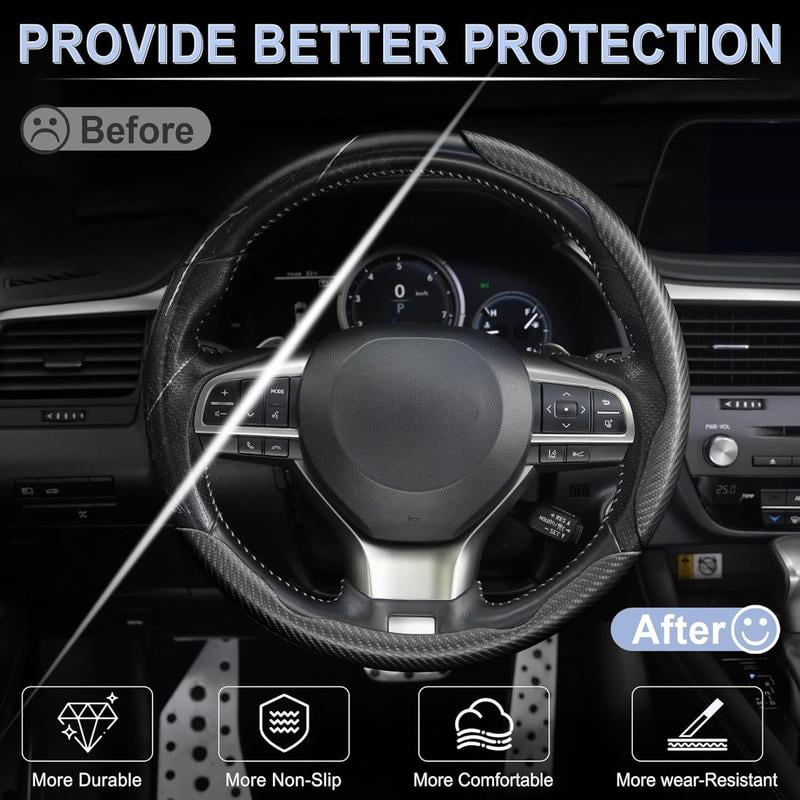 3PCS Carbon Fiber Anti-Skid Steering Wheel Cover, Segmented Design, Universal Fit For 15Inch Car Wheel Cover Protector, Black