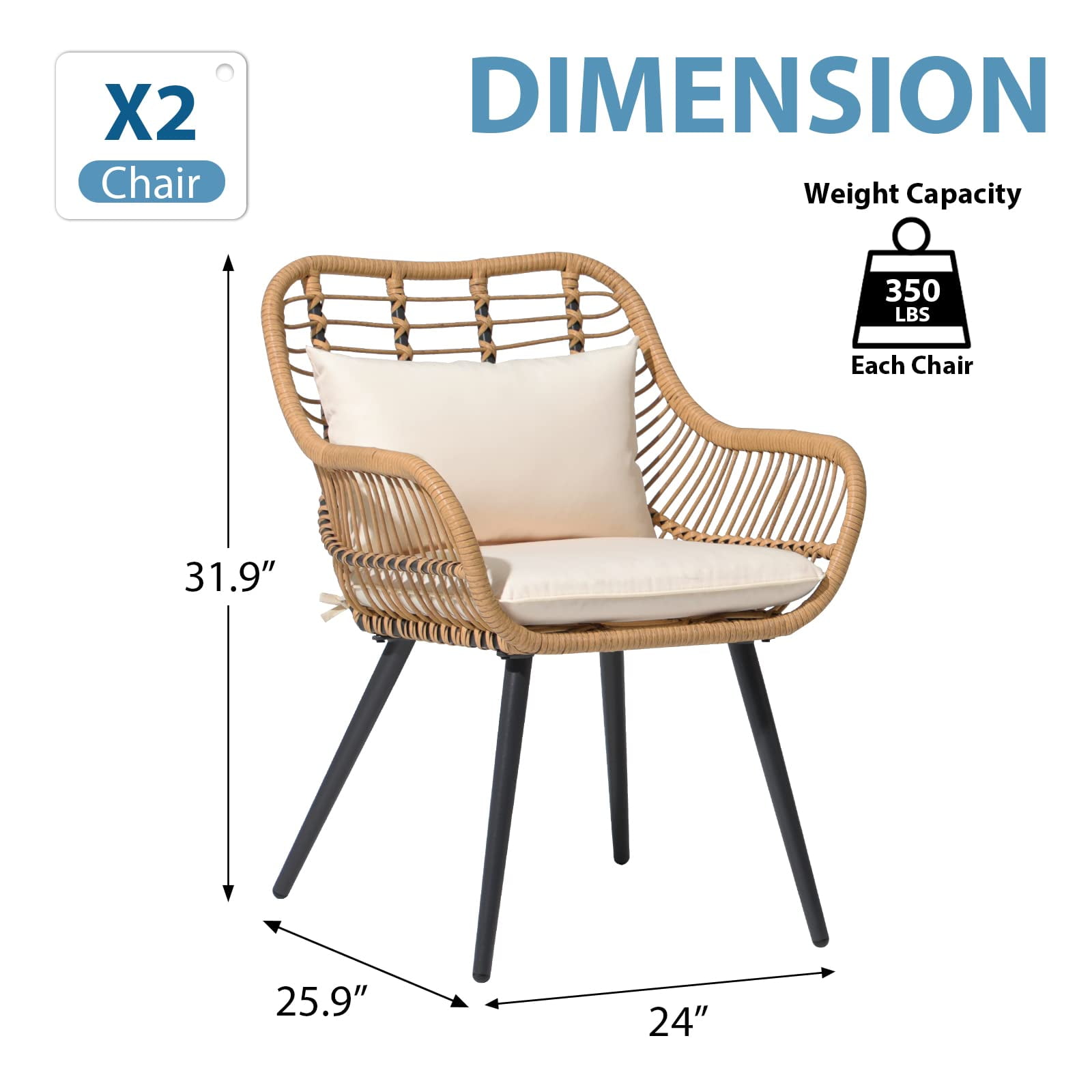 JOIVI Outdoor Wicker Chairs Set of 2, Patio Dining Chair with Cushions, All-weather Rattan Porch Chairs with Armrest for Outside Lawn, Balcony, Garden, White