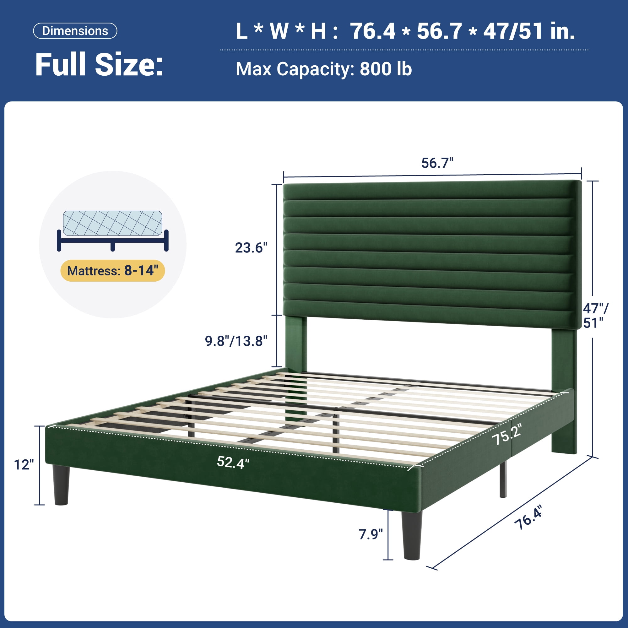 Allewie Full Size Adjustable Headboard Bed Frame with 7.9'' Underbed Storage, No Box Spring Needed, Green