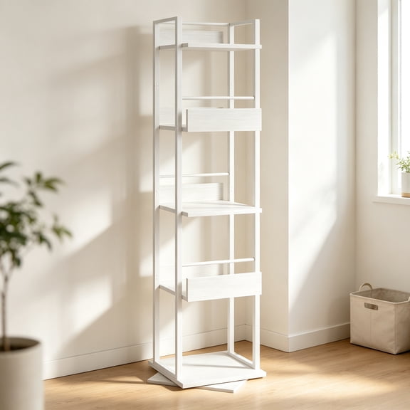 Freestanding Narrow Rotating Corner Bookcase with 5 Storage Tiers and Guardrail Household Storage Rack for Bedroom Living Room Office Study Space