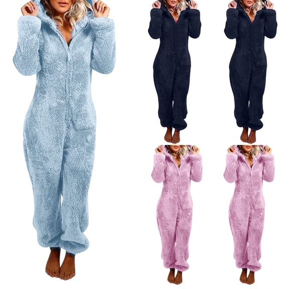 Feancey Fleece Rompers for Women 2024,Womens Winter Onesie Pajamas Cute Cartoon Hooded Fleece Jumpsuits Comfy Plush One Piece Pjs Adult Romper Sleepwear Limited Time Deal Blue 2XL