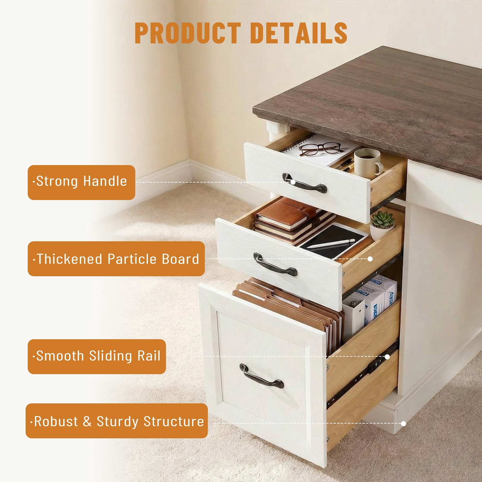 EDX Wood Computer Writing Desk Farmhouse Executive Desk, Rustic Office Desk with Charging Station and Keyboard Tray,Home Workstations with File Drawer, Storage Cabinet, White