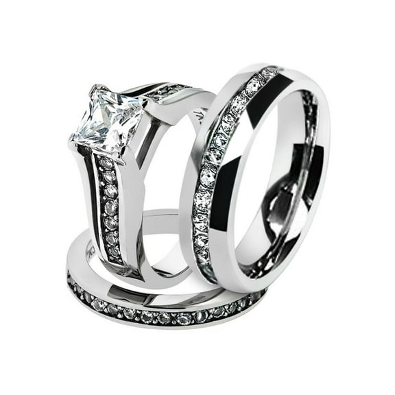 His & Hers Stainless Steel 2.10 Ct Cz Bridal Set & Men's Eternity Wedding Band Women's Women's Size 10 Men's 06mm Size 11