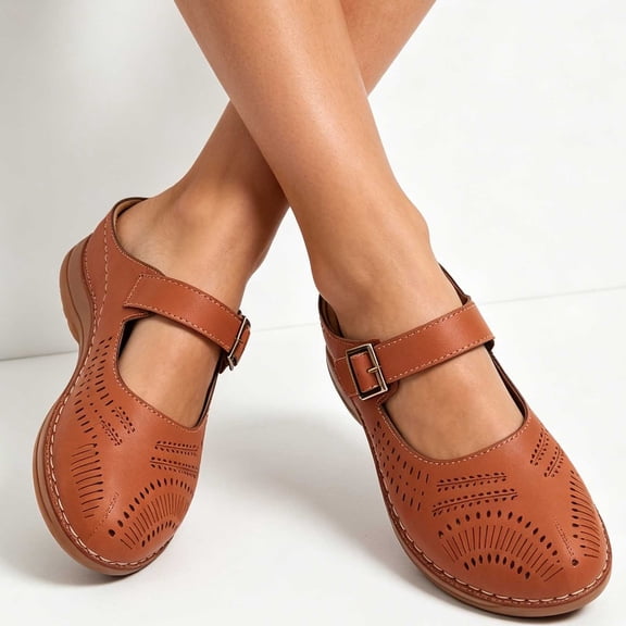 hoksml Women Round Toe Cutout Mule Clogs, Buckle Ankle Strap Slip On Low Wedge Casual Shoes