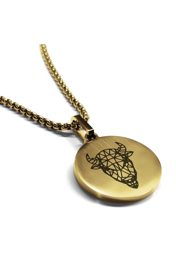 Stainless Steel Geometric Polygon Bison Animal Round Medallion Pendant Necklace