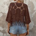 thumbnail image 4 of Boho Scallop Trim Crochet Beach Cover Up for Women Plain Fringe Trim 3/4 Sleeve Crew Neck Sheer Swimwear Coverup, 4 of 5