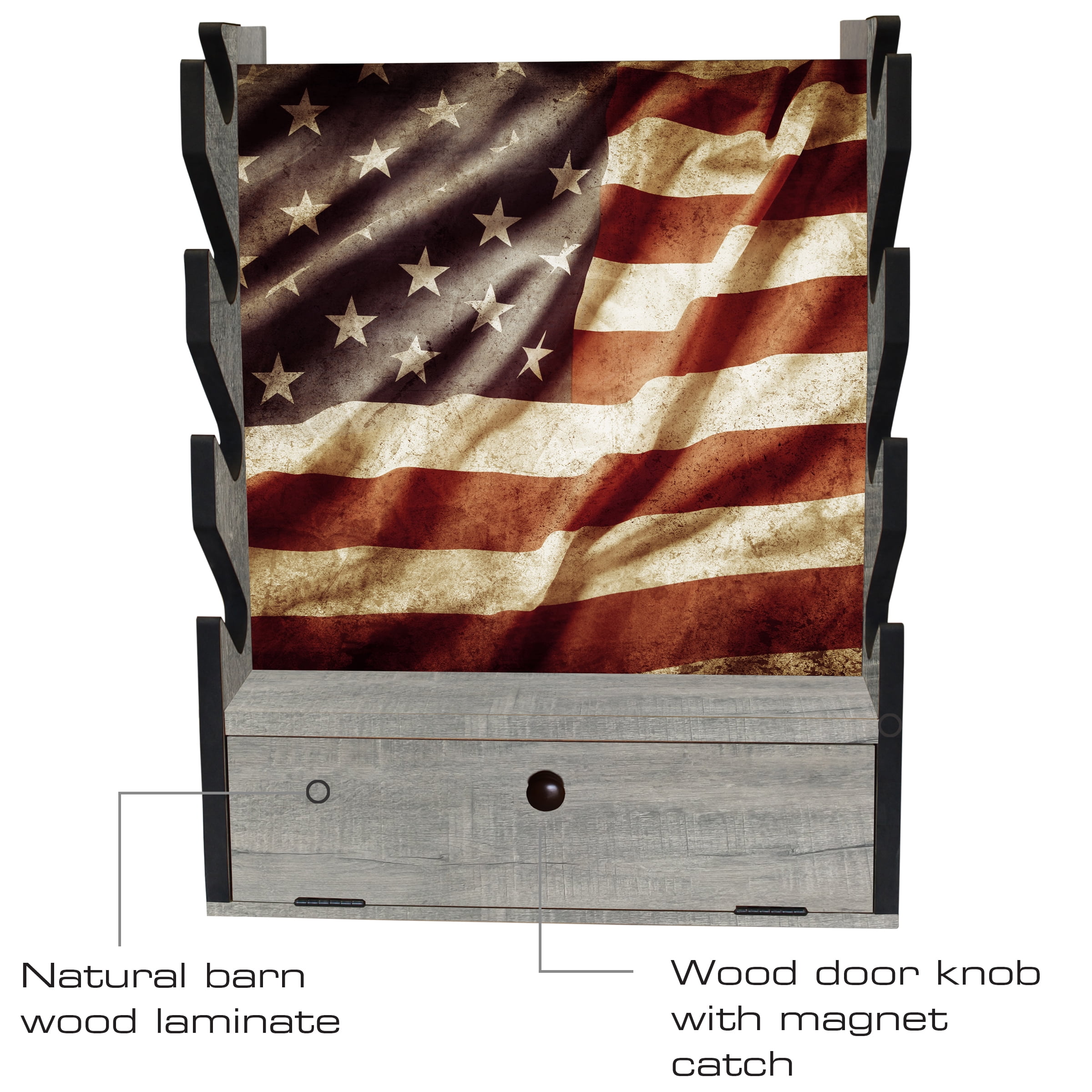 Rush Creek Creations Indoor 4 Rifle/Shotgun Wall Storage Americana Display Rack - Features Storage Compartment For Accessories