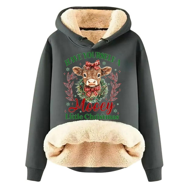 WILLBEST Sudadera Oversize para Mujer "Have Yourself A Mooey Little Christmas" con Capucha, de Terciopelo Grueso, Cálida y Holgada (Modelo 1375) XXX-Grande