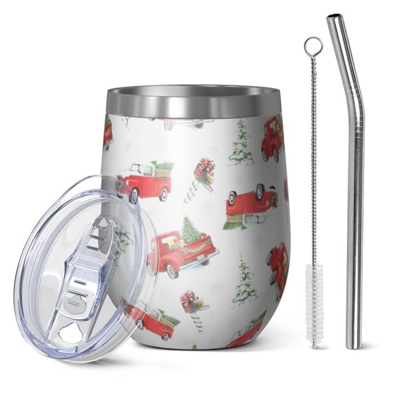 12oz Stemless Wine Tumblers Red Christmas Truck Pattern Vacuum Insulated Stainless Steel Travel Tumbler Cups Mug with Lid and Straw for Champaign,Cocktail,Beer with Cleaning Brush