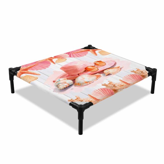 Summer Ocean Elevated Dog Bed, Pink Orange Beach Hat Starfish Shells Wood Grain Cooling Breathable Outdoor Raised Dog Cot Bed with Metal Frame Non-Slip Feet for Small Dog 20x20in