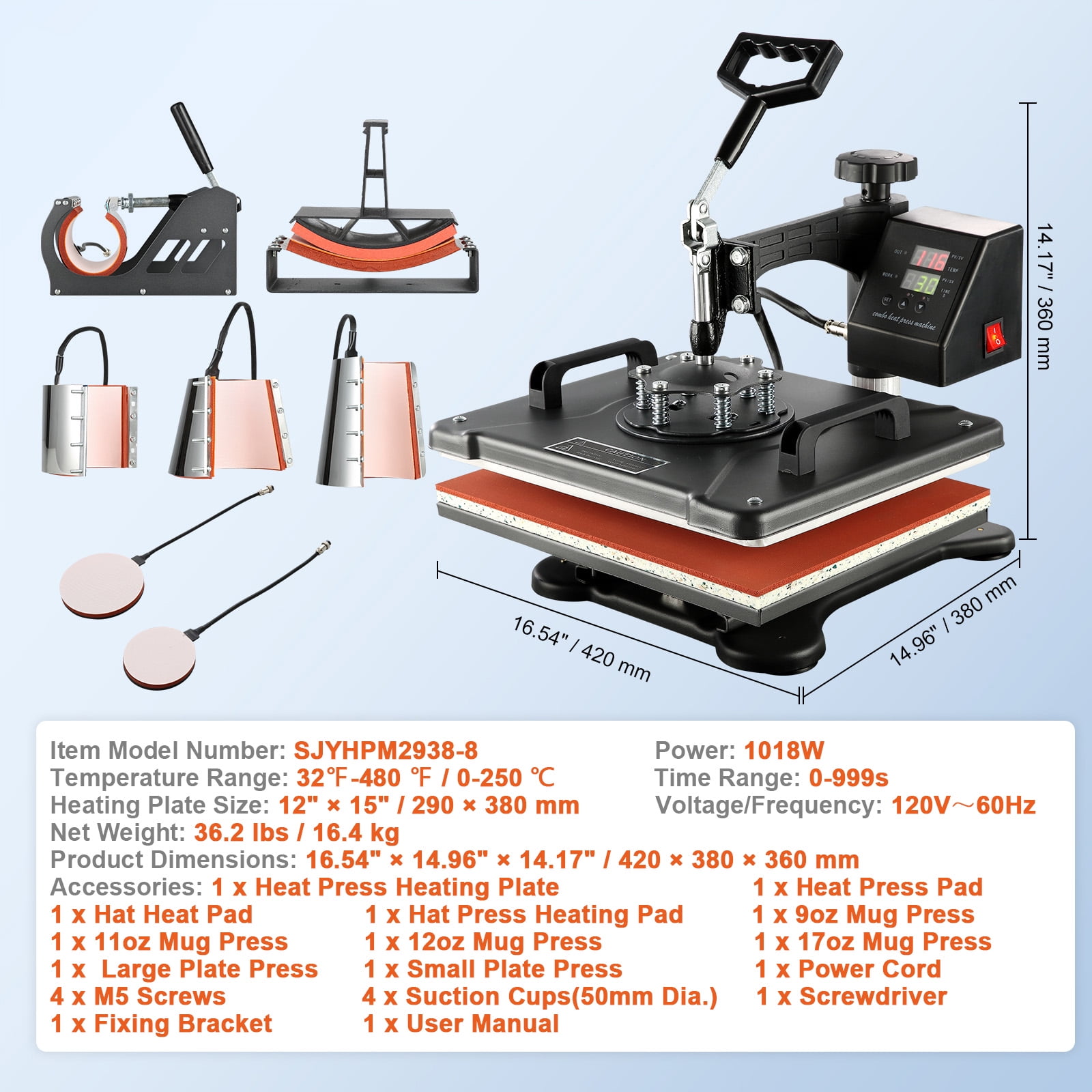 KFFKFF Thermal Transference Apparatus, 8-in-1 Electronic Versatile Heat Press 12x15 inch, Full Circle Swivel Capability for Printing on Shirts, Cups, Baseball Caps, Headwear, Dishes