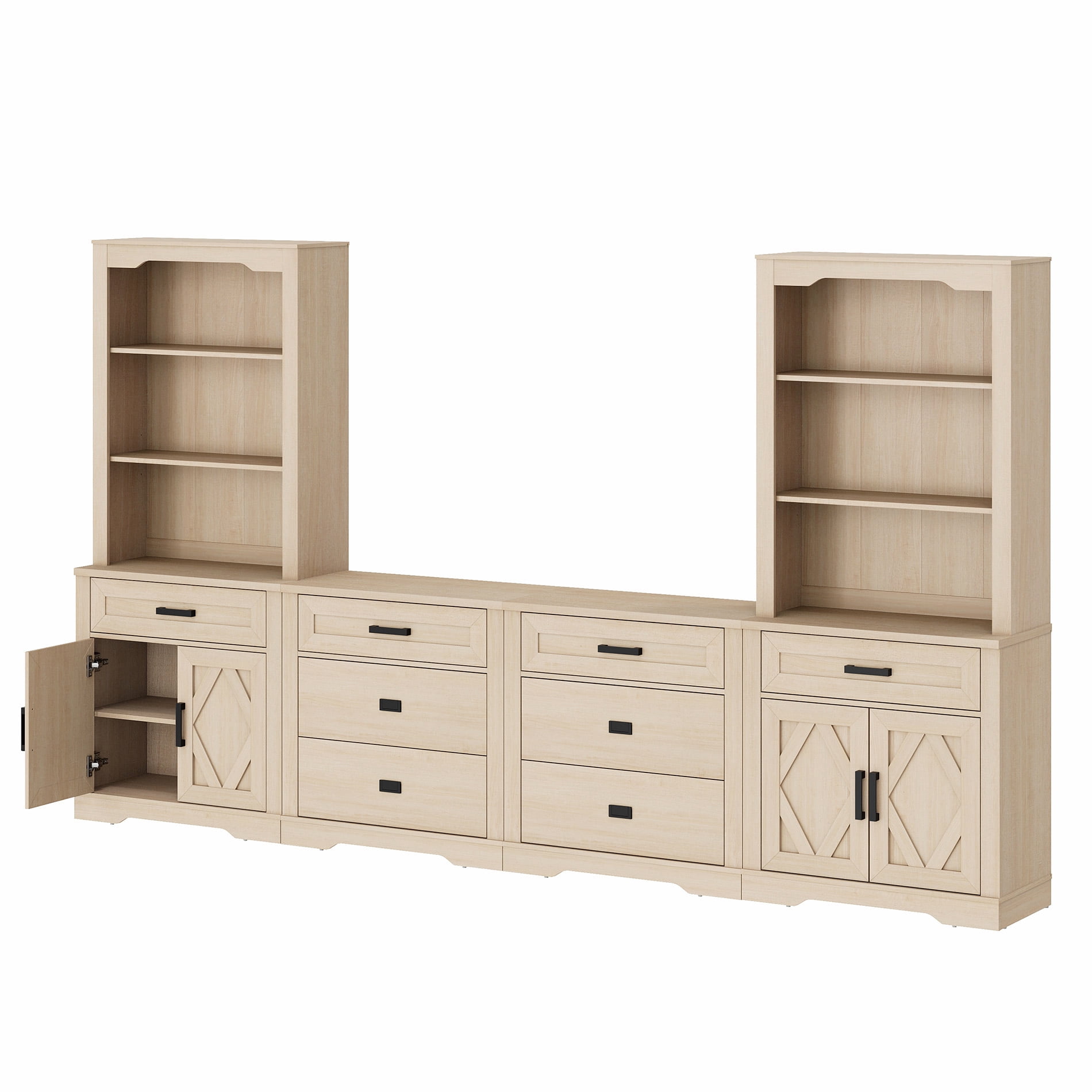 WAMPAT Farmhouse Entertainment Center with Bookshelf for TVs up to 75",Mid Century Modern TV Stand with 73"H Tall 5-Tier Bookcase with Open Storage and Barn Doors for Living Room,Bedroom,Beige