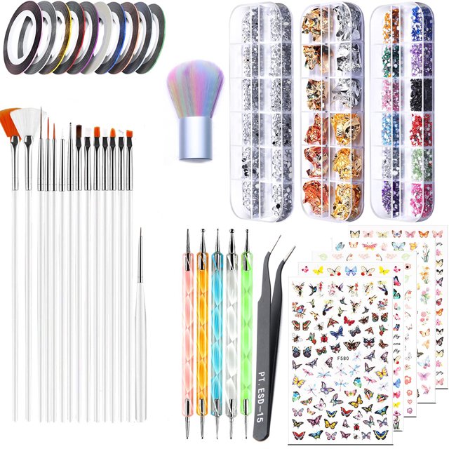 (Blanco) Juego de decoración de uñas de 40 piezas, pinceles de 15 piezas, bolígrafos, pegatinas, herramientas de joyería