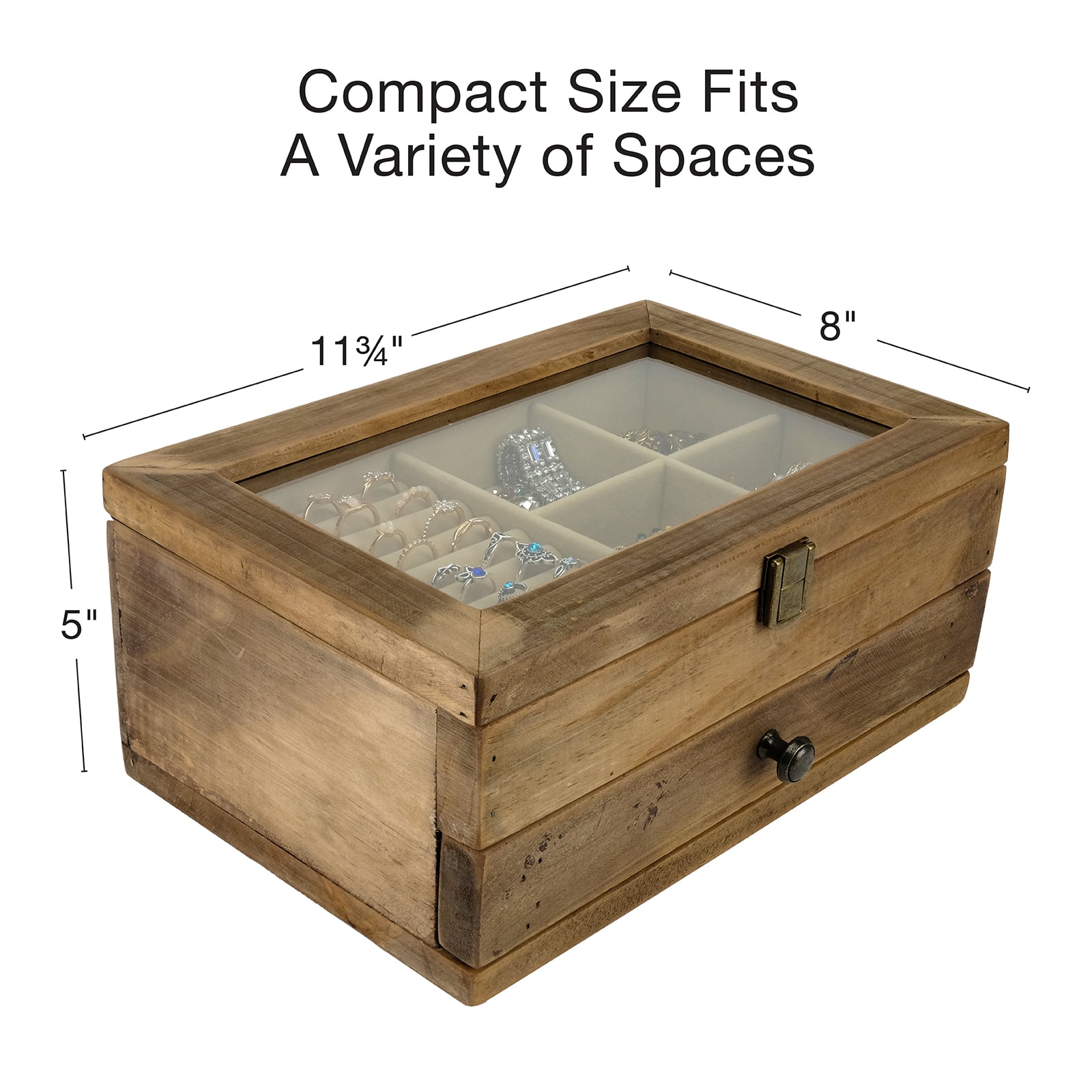 Excello Global Products Jewelry Box: Farmhouse Solid Wood Rustic Distressed Jewelry Organizer. Includes Glass Window and Storage Drawer. - EGP-HD-0404
