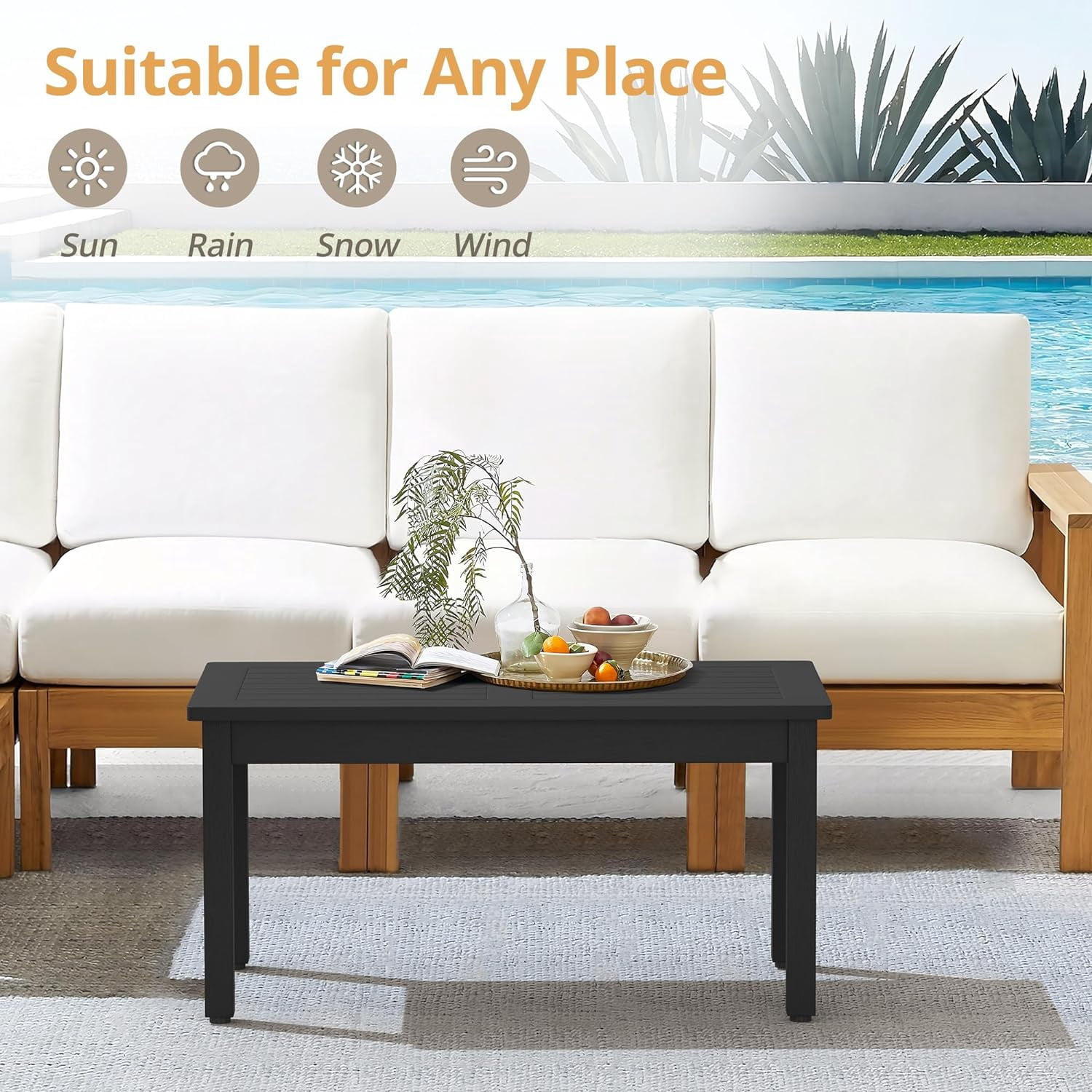 LUE BONA Outdoor Coffee Table Rectangle, HDPS Patio Table for Outside, 17.7"x 35"x 17.7", Black