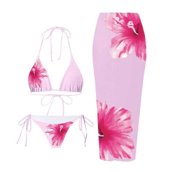 uublik Two Piece Swimsuit for Women 3 Piece Bikini Set Beach Vacation Bathing Suit with Cover Up Skirt Pink