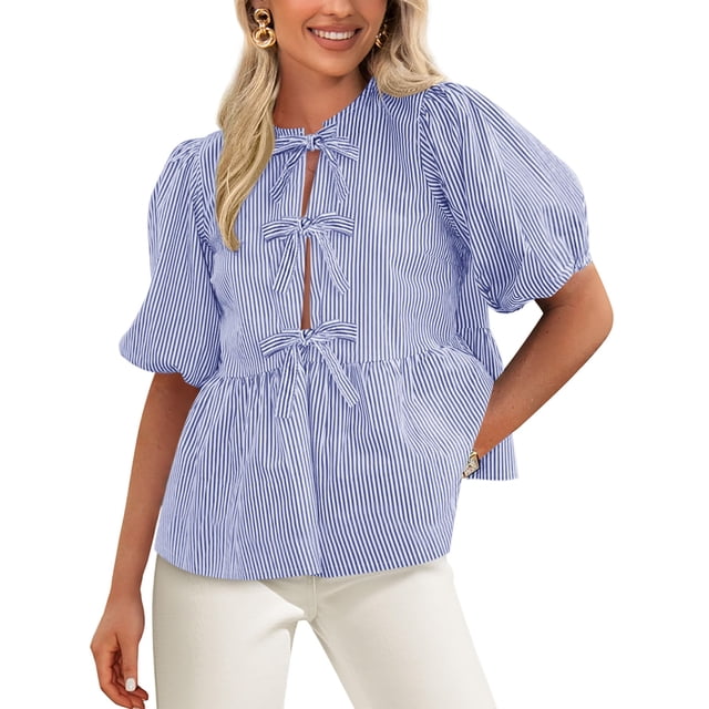 Blusa PRETTYGARDEN para mujer, con lazo en la parte delantera, a rayas, azul, talla M