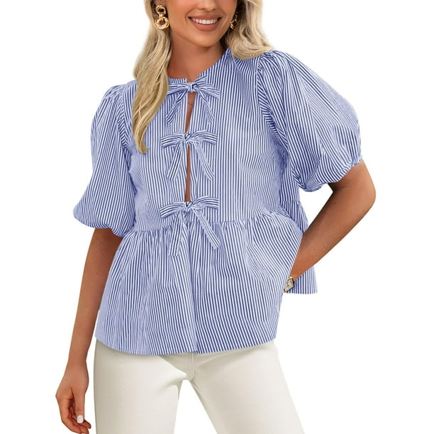 Blusa PRETTYGARDEN para mujer con lazo en la parte delantera, azul, XXL