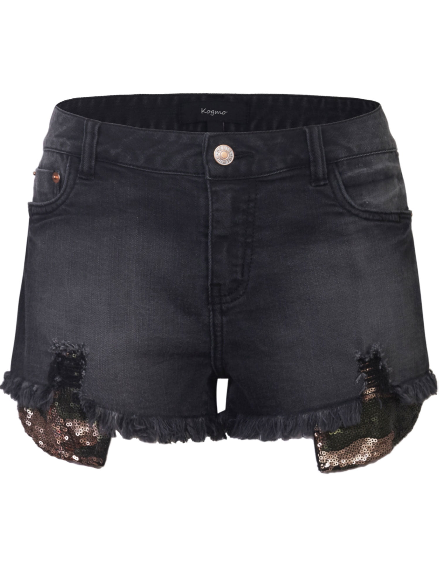 KOGMO KOGMO Womens Distressed Vintage Denim Shorts with Sequin