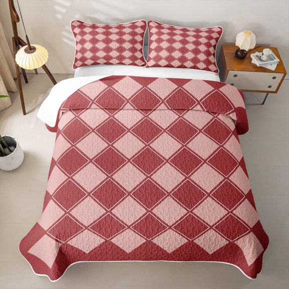 Erosebridal Simple Abstract Twin Quilt Set for Girls, Pink Red Rhombus Sqaure Twin Coverlet Set, 2-Piece