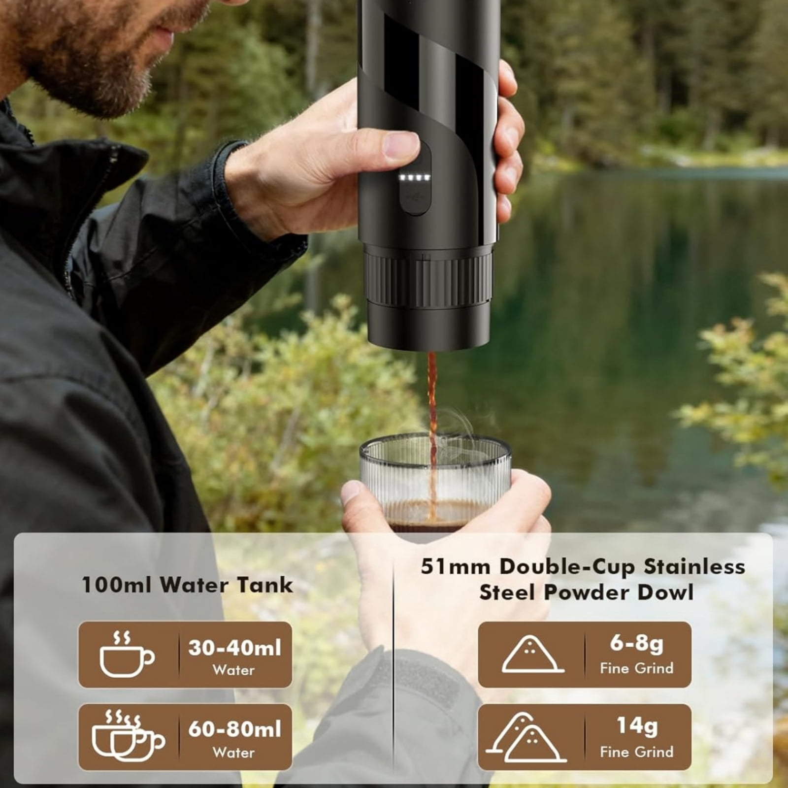 Portable Electric Espresso Machine with Manual Coffee Grinder and Electric Milk Frother for Camping, Car, RV, Hiking, Office, Home