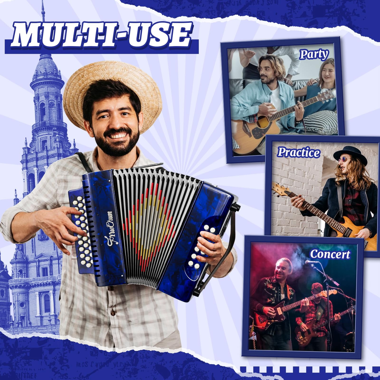 YueChun Accordion, 31 Keys 12 Bass G/C/F Diatonic Button Accordion , Portable Professional Button Accordion with Case (Blue)