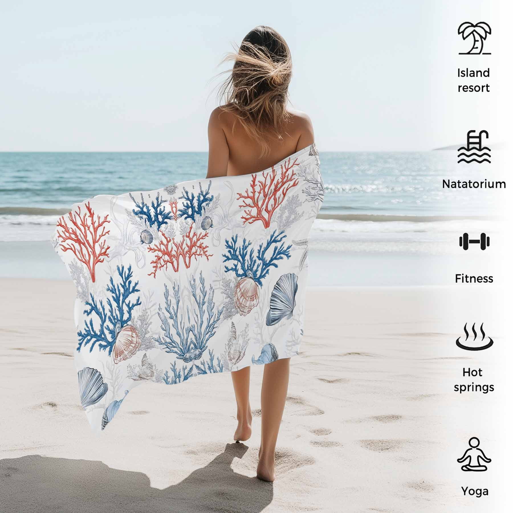 Coastal Nautical Beach Towels Blanket Soft&Absorbent Quick Dry Microfiber Ocean Coral Shell Pattern Pool Towels for Swimming ,Yoga, Sports, Gym, Camping,Large 35X70in, Blue Aqua