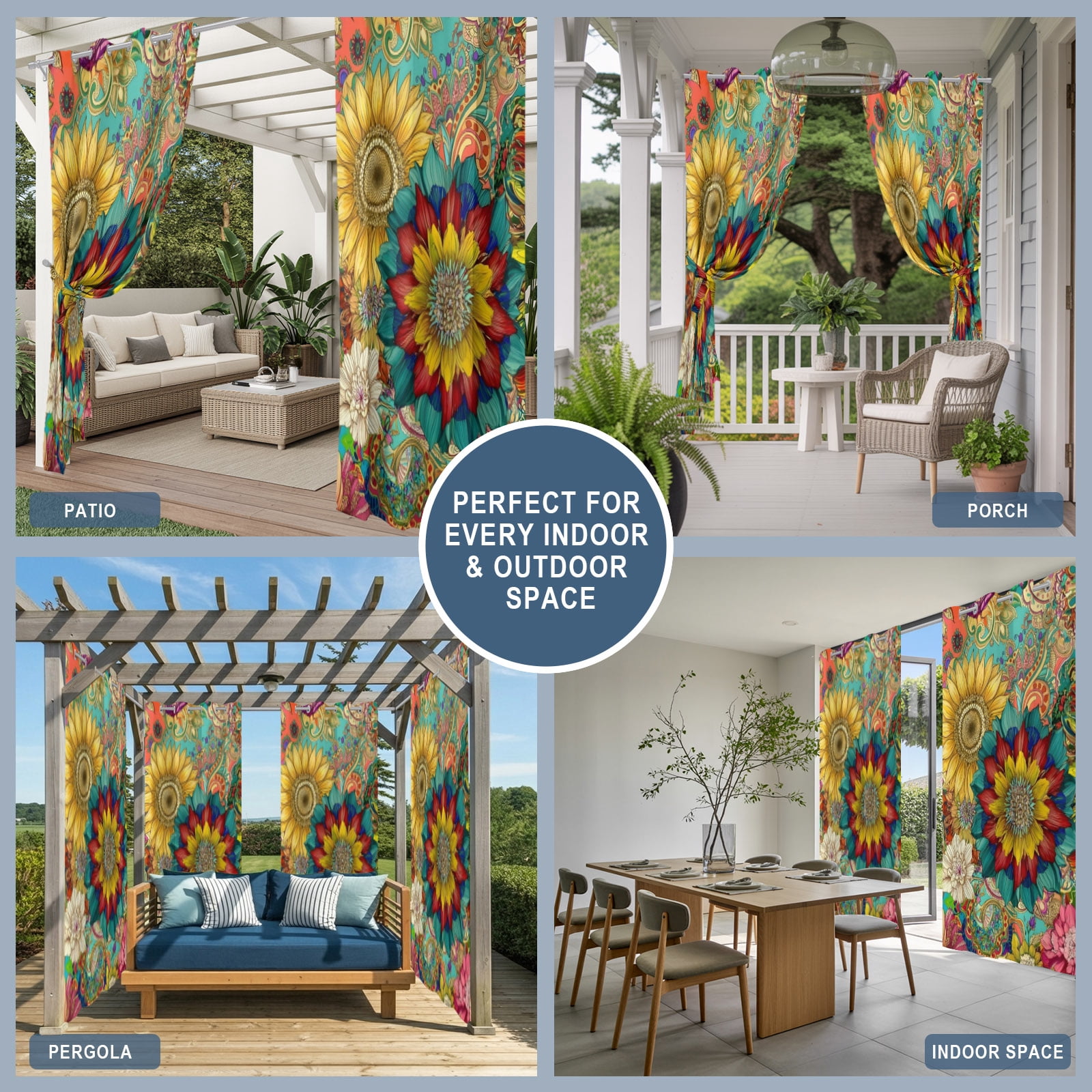 Vintage Sunflowers Outdoor Curtains for Patio, Red Yellow Teal Paisley Swirls Floral Boho Sunshade Privacy Drapes Grommet Waterproof Outside Curtains for Porch/Cabana/Balcony 54"x 108", 1 Panel