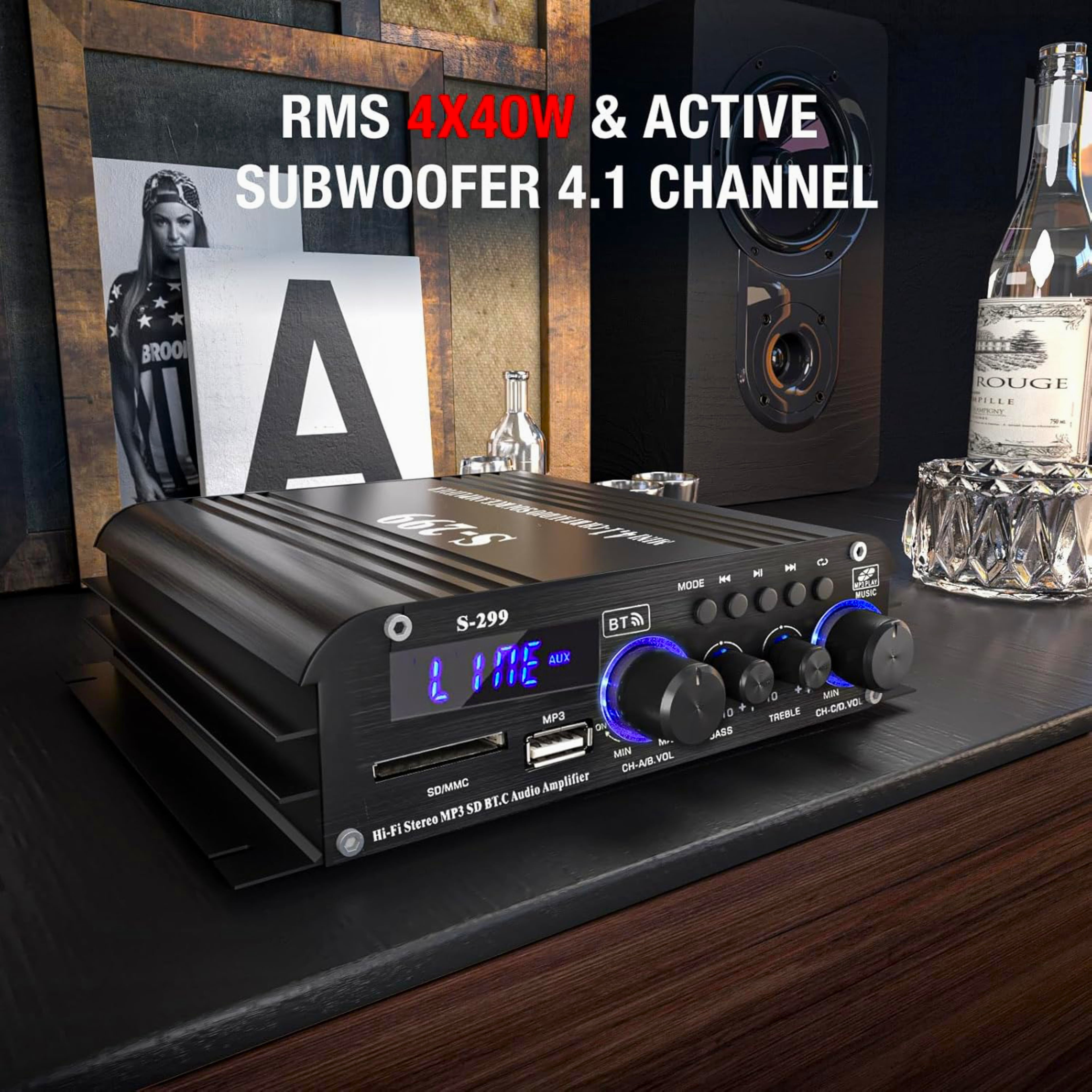 Blitzmax 800W Bluetooth Audio Power Amplifier, 4.1 Channel Support 2 Pairs Speakers 1 Subwoofer, Wireless HiFi Stereo Amplifier for Home & Car