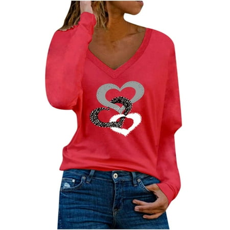 

Woman s V Neck Sweatshirt Tops Casual Long Sleeved Heart Printing Stitching Love Sweater T Shirt Top Graphic Plus Size Loose Fit Blouses Pullover