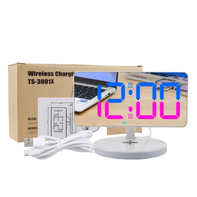 Toystoory Despertador LED de alta definición con espejo de pantalla grande RGB colorido y espejo de maquillaje ajustable Electrodomésticos blanco