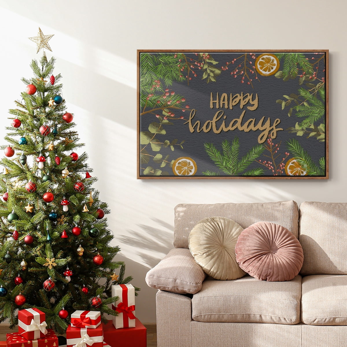 Holiday Sentiment II - Framed Gallery Wrapped Holiday Canvas - 27 x 41 - Rosewood Frame