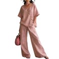 thumbnail image 2 of Women's 2 Piece Cotton Linen Set, V-Neck Short Sleeve Button Top & Drawstring Wide Leg Pants, Casual Summer Loungewear Outfit with Pockets, Loose Fit,Pink,XL, 2 of 5