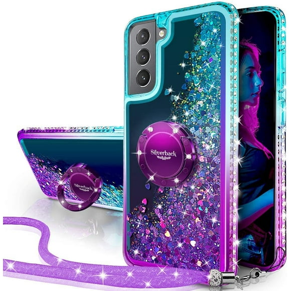 Silverback pour Samsung Galaxy S21 FE 5G Cas avec Anneau Kickstand Lanière, en Mouvement Glitter Liquide Sparkle Holographique,