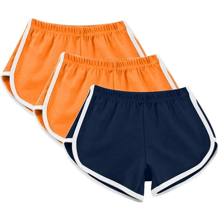 3 Pack Summer Hot Shorts for Women Elastic Waist Cotton Sports Shorts Athletic Yoga Dance Pajama Short Pants (L  Orange 01)