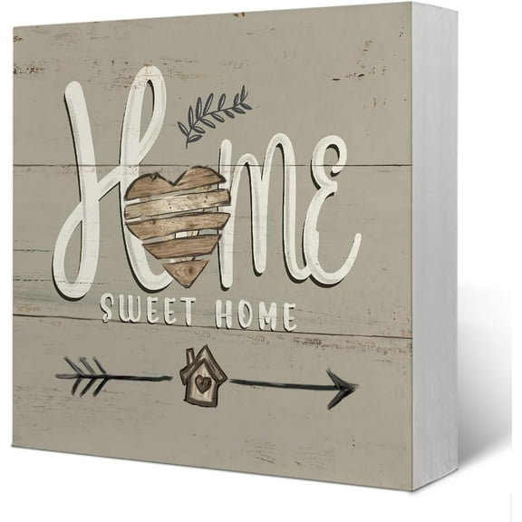 7x7 IN Home Sweet Home Wooden Box Sign Decor, Farm House Decorations for Home, Rustic Farmhouse Style Wood Block Plaque Decor for Living Room Desk Shelf, TV Stand Decor,