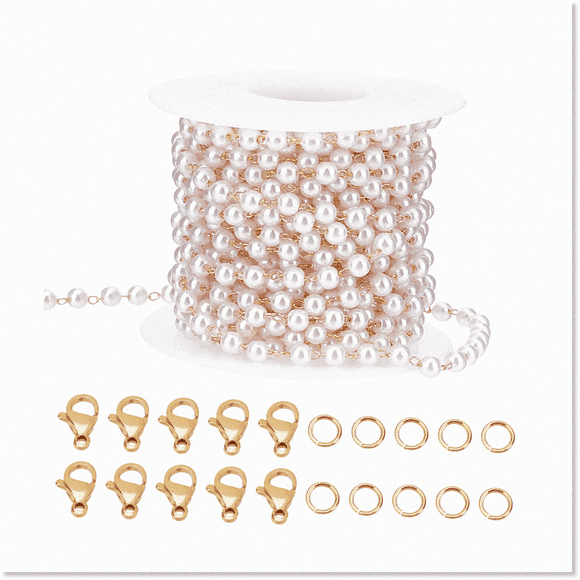 High-Quality 16.4ft Pearl Beading Chain w/ 18K Gold Plated Cable Chain - Ideal for Bracelet & Necklace Jewelry Making