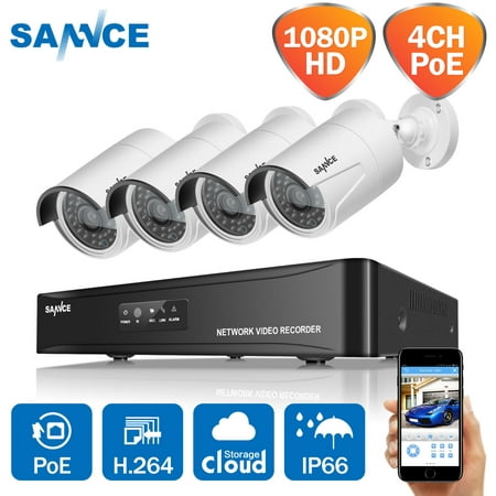 SANNCE 1080P 2-Megapixel (1920 x 1080p) POE Video Security System and (4) 1920TVL Outdoor Bullet IP Cameras with 100ft Night Vision,Weatherproof Metal Housing, Power over (Best 1080p Poe Security Camera System)